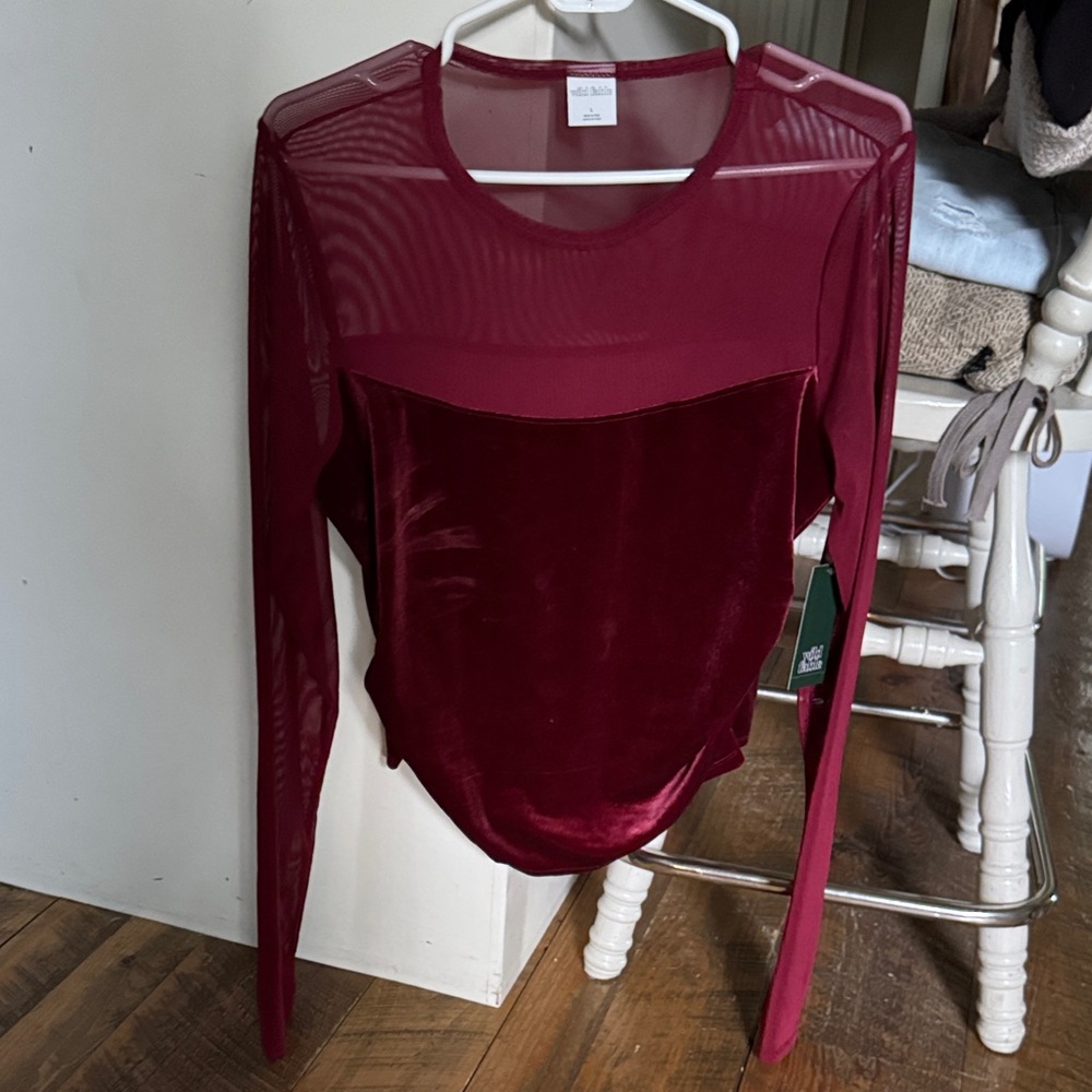 Wild Fable Burgundy Velvet Mesh Blouse